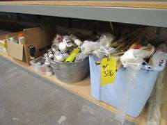 LARGE MISC. LOT OF LIGHTING PARTS, TOOLS, OPEN BOXES, ASSORTED PULL CHAINS, WIRING, ETC.