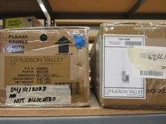 LOT OF APPROX. (8) BOXES OF ASSORTED HUDSON VALLEY PRODUCTS, (2) WALL SCONCES #H16011-AGB, (2) WALL SCONCES #960-AGB, (1) BATH BRACKET $9204-AGB, (1) PENDANT $9613-GL/BLK, (1) WALL SCONCE #1201-ABG & (1) LABRA #9603-WP