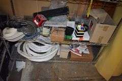 ASSORTED FURNITURE AND MORE AS SHOWN INCLUDING (3) CHAIRS, (1) STOOL, (1) BENCH SEAT AND WIRE RACK WITH CONTENTS AS SHOWN