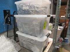 LARGE MISC. LOT OF LIGHTING PARTS, TOOLS, OPEN BOXES, ASSORTED PULL CHAINS, WIRING, ETC.