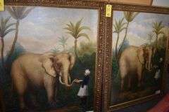 FRAMED PRINT ON CANVAS "ELEPHANT TREAT" - APPROX. 47" X 57" (sold 2x the money)