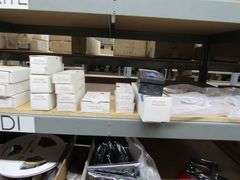 CONTENTS OF SHELF, ASSORTED DIMMABLE LED DRIVERS, BULBS, HARDWARE, LED STRIP BULBS, ETC.