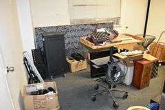 CONTENTS OF ROOM INCLUDING MONITORS, DÉCOR, VIDEO SCREEN, PORTABLE CABINET AND FRAMES