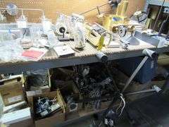 LARGE MISC. LOT OF LIGHTING PARTS, TOOLS, OPEN BOXES, ASSORTED PULL CHAINS, WIRING, ETC.