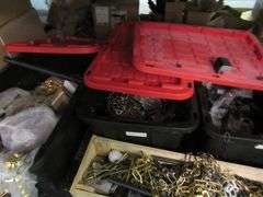 LARGE MISC. LOT OF LIGHTING PARTS, TOOLS, OPEN BOXES, ASSORTED PULL CHAINS, WIRING, ETC.