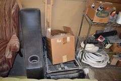 ASSORTED FURNITURE AND MORE AS SHOWN INCLUDING (3) CHAIRS, (1) STOOL, (1) BENCH SEAT AND WIRE RACK WITH CONTENTS AS SHOWN