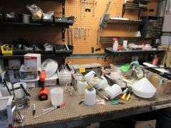 LARGE MISC. LOT OF LIGHTING PARTS, TOOLS, OPEN BOXES, ASSORTED PULL CHAINS, WIRING, ETC.