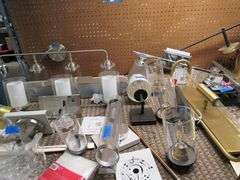 LARGE MISC. LOT OF LIGHTING PARTS, TOOLS, OPEN BOXES, ASSORTED PULL CHAINS, WIRING, ETC.