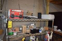 PORTABLE WIRE RACK WITH ASSORTED CONTENTS INCLUDING HARDWARE, CLEANERS AND MORE AS SHOWN