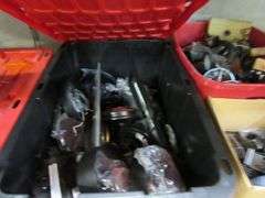LARGE MISC. LOT OF LIGHTING PARTS, TOOLS, OPEN BOXES, ASSORTED PULL CHAINS, WIRING, ETC.