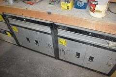 LOT, (1) WOOD WORK BENCH SOLD EMPTY - APPROX. 144" X 18" X 36", (2) HOMAK TOOL CABINETS WITH CONTENTS AND (2) HOMAK TOOL BOXES WITH CONTENTS