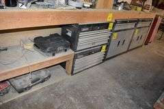 LOT, (1) WOOD WORK BENCH SOLD EMPTY - APPROX. 144" X 18" X 36", (2) HOMAK TOOL CABINETS WITH CONTENTS AND (2) HOMAK TOOL BOXES WITH CONTENTS