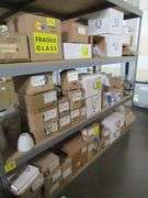 LOT OF (3) SHELVES, QUORUM 1902-86 WINDMILL CIR/SEED KIT-OB, ASSORTED DOWN RODS, ASSORTED CHAIN, QUORUM 1374-806 42"/30" LED PATIO LK WHITE, 4-5665 SQUARE GLS 5365 & 5665, QUORUM 4-5476 RPL GLASS MODUS SERIES, QUORUM 2.25" AMBER SCAVO BARREL, ASSORTED GLOBES, QUORUM 8" PLAIN WHITE MUSHROOM GLASS, FLUSH MAINT CHIME GRILL-TS, QUORUM 4LT CFL LK HOW-AS, MAIN STREET 3059-65 SATIN NICKEL ENCLAVE 1LT MINI STN, QUORUM 4-529 RPL, 4X6 GLS EMPIRE SER CLEAR FLUTED GLASS, ETC.