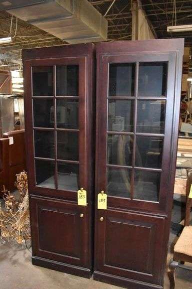 (1) RIGHT HAND CURIO CABINET, (1) LEFT HAND CURIO CABINET, WOOD - APPROX. 24" X 28" X 75" EACH