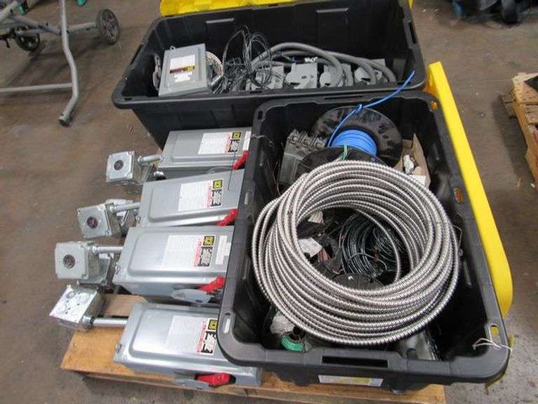 SKID OF APPROX. (12) SQUARE D HEAVY DUTY SAFETY SWITCH 30A, 600 VAC & ASSORTED SMALL WIRE SPOOLS, ETC.
