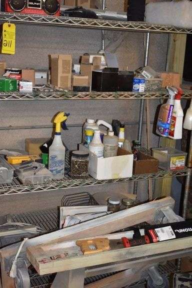 PORTABLE WIRE RACK WITH ASSORTED CONTENTS INCLUDING HARDWARE, CLEANERS AND MORE AS SHOWN