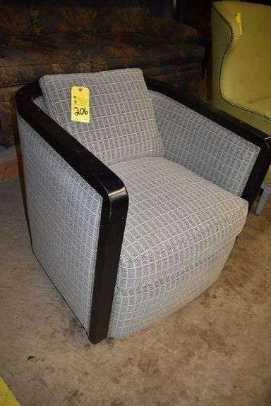 SLADE SWIVELING GLIDING BARREL CHAIR, UPHOLSTERED