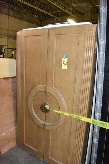 (2) DOOR WOOD ARMOIRE - APPROX. 47" X 29" X 78" WITH ASSORTED WOOD PRODUCTS AS SHOWN