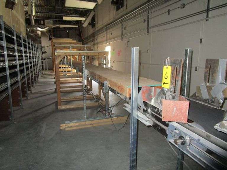 LOT, 12" X 60' MOTORIZED BELT CONVEYOR WITH CUSTOM BUILT STANDS, IRON HORSE GEARMOTOR WITH IRON HORSE AUTO DIRECT CONTROL SWITCH AND (1) MOTORIZED BELT CONVEYOR 18" X 10' LONG WITH IRON HORSE MOTOR