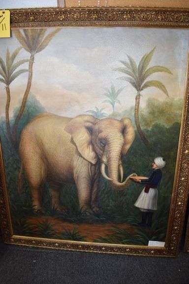 FRAMED PRINT ON CANVAS "ELEPHANT TREAT" - APPROX. 47" X 57" (sold 2x the money)