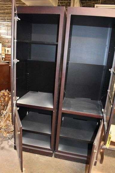 (1) RIGHT HAND CURIO CABINET, (1) LEFT HAND CURIO CABINET, WOOD - APPROX. 24" X 28" X 75" EACH