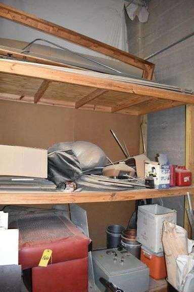 WOOD SHELF - APPROX. 96" X 45" X 98" SOLD WITH CONTENTS AS SHOWN