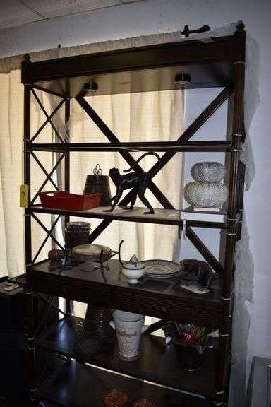 FINE FURNITURE WOOD SHELF WITH 4-GLASS SHELF INSERTS AND 2-DRAWERS - APPROX. 47" X 17" X 91"