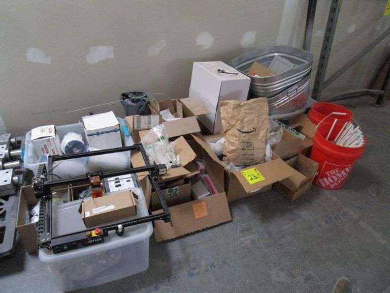 LOT, ASSORTED HARDWARE, PARTS, FILTERS AND METAL BINS