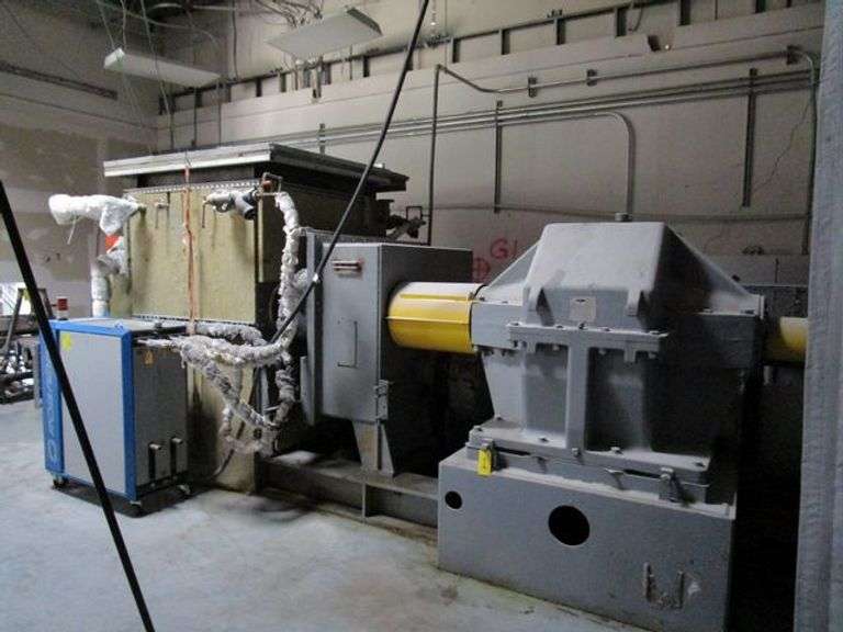 AARON/MORGAN MIXTRUDER WITH 300-GALLON SIGMA BLADE MIXER/EXTRUDER, AARON S/N 93300150464MX, MORGAN S/N P-144, INCLUDES 13" DIAMETER DISCHARGE SCREW WITH 75-HP MOTOR DRIVE, 100-HP MOTOR, FINCOR MDL 316OM CONTROL. OLSON ISOLATION TRANSFORMER, MIX CHAMBER 48" X 48" X 48" WITH ALL RELATED CONTROL PANELS AND PARTS AS SHOWN