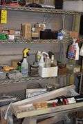 PORTABLE WIRE RACK WITH ASSORTED CONTENTS INCLUDING HARDWARE, CLEANERS AND MORE AS SHOWN