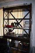 FINE FURNITURE WOOD SHELF WITH 4-GLASS SHELF INSERTS AND 2-DRAWERS - APPROX. 47" X 17" X 91"