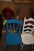 ASSORTED FURNITURE AND MORE AS SHOWN INCLUDING (3) CHAIRS, (1) STOOL, (1) BENCH SEAT AND WIRE RACK WITH CONTENTS AS SHOWN