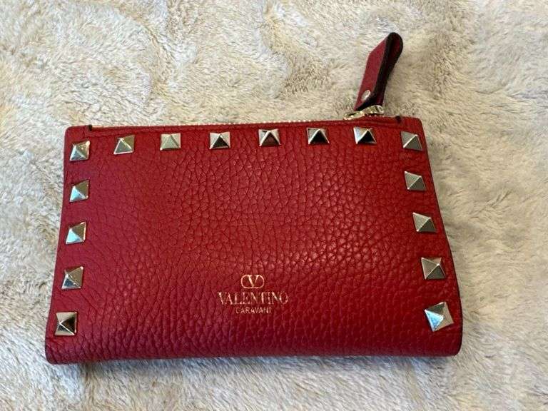 Valentino Garavani Red Leather Studded Coin / Credit Card Wallet