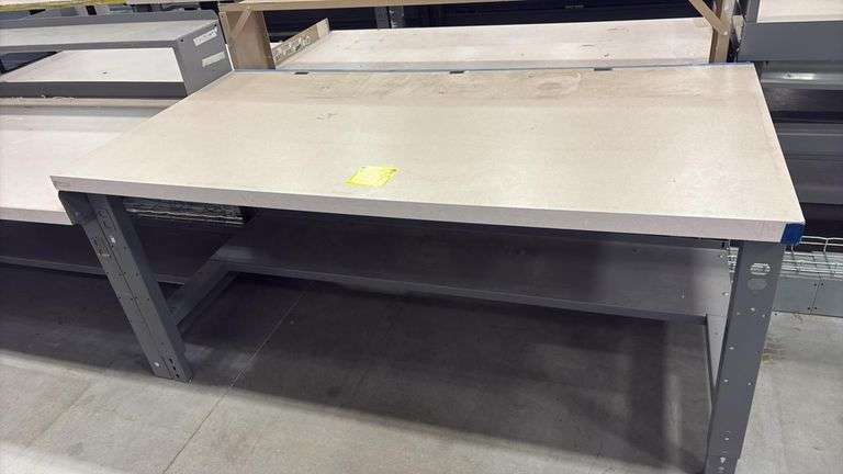 (5) Industrial Workbench with Steel Frame, Overhead Shelf, Beige/Grey