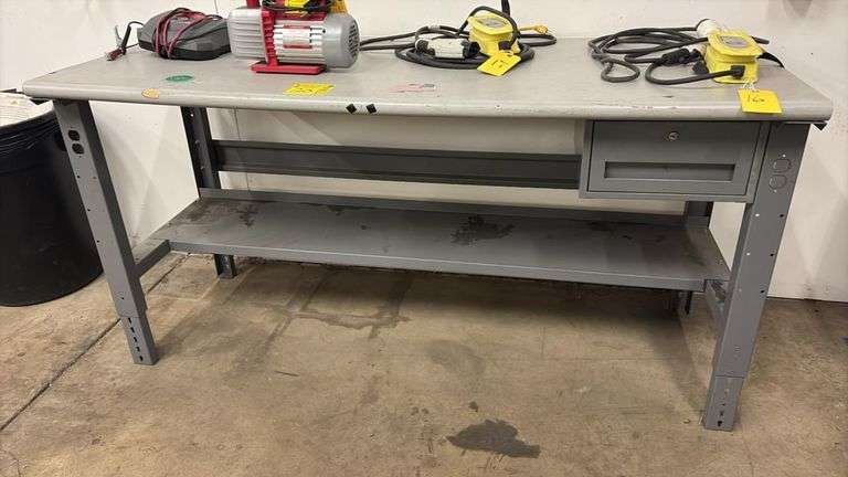 Adjustable Height Workbench with Drawer and Shelf, Grey, Metal Frame