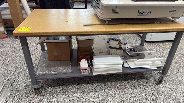 Industrial Workbench/Table, Metal Frame, Wood Surface, Swivel Casters