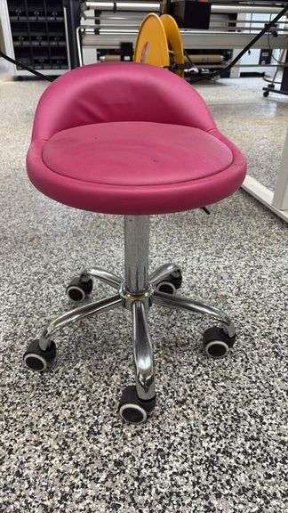 Pink Vinyl Rolling Stool with Five-Legged Base and Casters