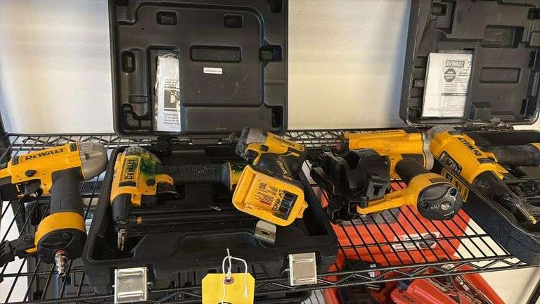 (4) assorted pneumatic DeWalt fasteners, (1) DeWalt cordless drill with no battery, condition unknown