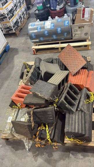 Heavy Duty Wheel Chocks Lot – Rubber & Urethane, Mixed Styles, Pallet of approximately 35 pieces