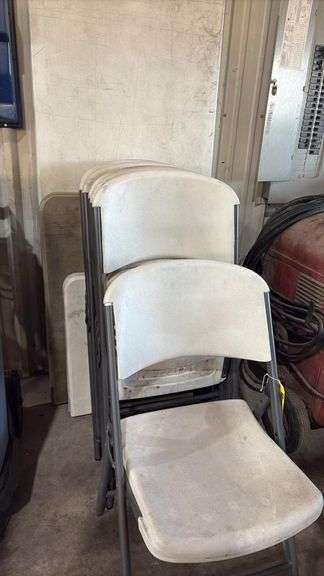 Set of (6) Commercial Folding Chairs and 3 Folding Tables, White, Metal Frame
