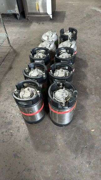 8 Cornelius Ball Lock 5 Gallon Kegs, Stainless Steel, Black Handles & Bases, Red Marking Bands