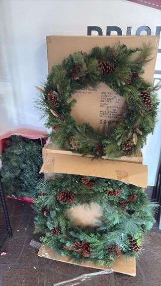 (5) 32" Pre-Lit Artificial Holiday Wreaths with Pine Cones & Mixed Greenery, Plug-In, Made in China