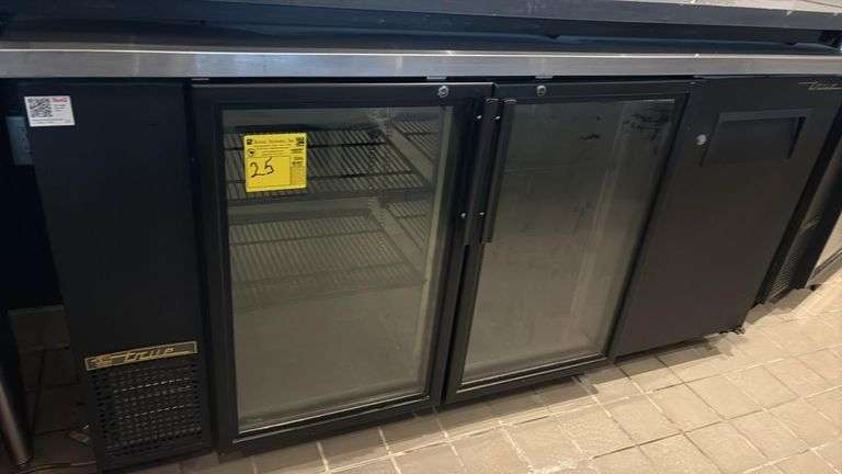 True 2-Door Glass Back Bar Refrigerator, 49" Wide, Casters, Black, Adjustable Shelves