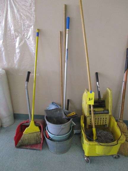 LOT, MOP BUCKET, CLEANING SUPPLIES, BROOMS AND DUST PANS