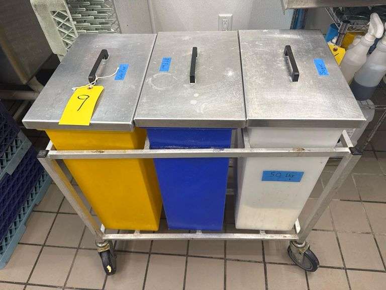 Commercial Ingredient Bin Cart, 3 Bins, 50 lbs Each, Stainless Steel Lids, Color-Coded, Mobile