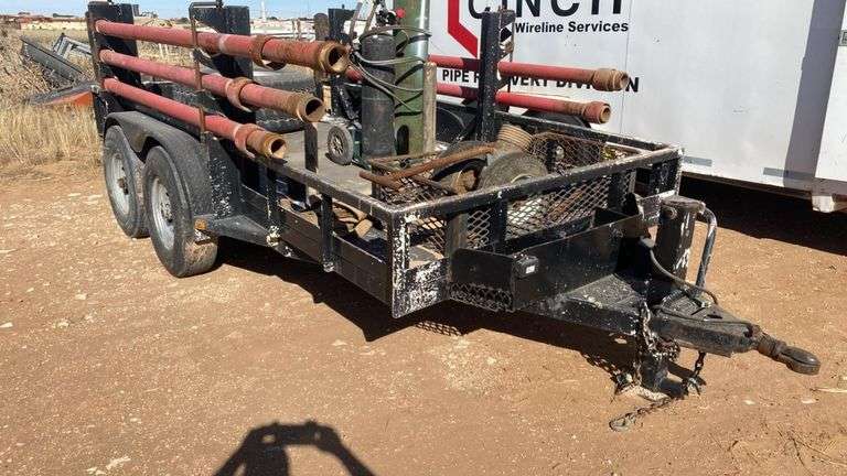 Black Steel Pipe Hauling Utility Trailer, 2 Axles, Pintle Hitch **Sold with Bill of Sale Only - No title will be provided**