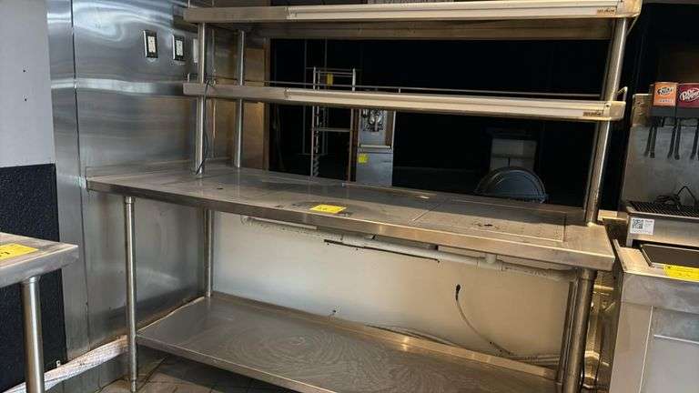 96" Stainless Steel Pass-Thru Counter with 2 Upper Shelves and Drainage - Commercial Kitchen