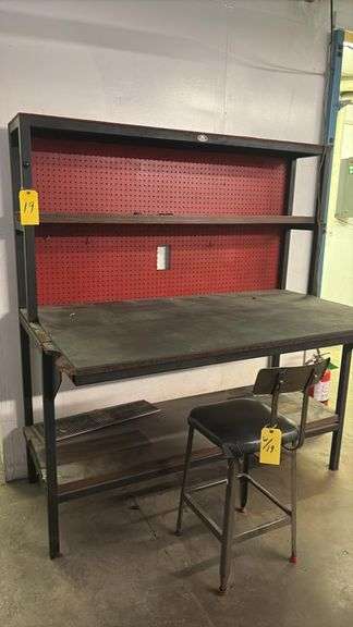 Body by Fisher Industrial Steel Workbench, 65"x36"x71" w/ Red Pegboard, Chair, Upper/Lower Shelves