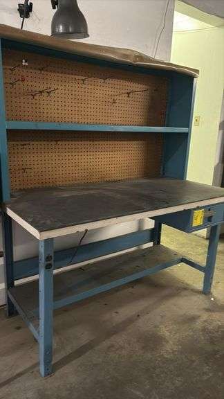 Industrial Metal Workbench 62"x30"x71" with Pegboard, Electric Outlets, Shelf & Drawer