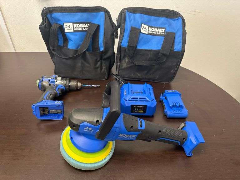 Kobalt 24V Max Brushless Drill, Polisher, 2.0Ah Battery, Charger & 2 Tool Bags Combo Kit